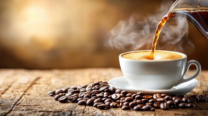 Freshly brewed aromatic coffee pouring into a white ceramic cup surrounded by roasted coffee beans on a rustic wooden table, creating a warm ambiance.