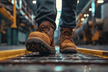 Close up of safety workers shoes in factory