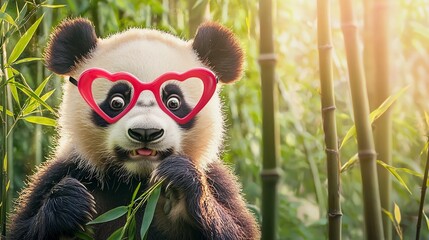 Obraz premium Adorable Panda Wearing Heart Shaped Glasses Munching Bamboo in Forest