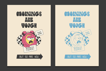 Retro 70s poster or wall art design with a cartoon alarm clock still half-asleep, vector illustration