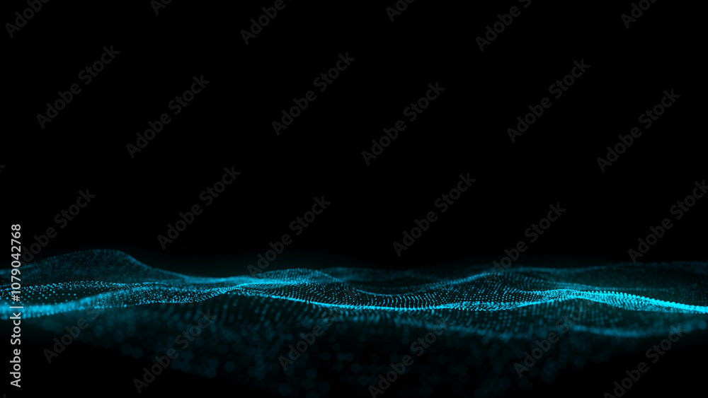 Poster abstract wave with blue light on black background. science background with moving dots. network conn