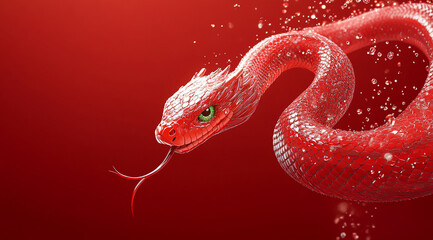 Obraz premium A red snake with green eyes and a forked tongue is swimming in a red liquid. Water droplets surround the snake