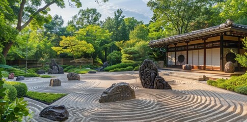 Japanese garden landscape, rock formations, lush greenery, peaceful and serene atmosphere, traditional architecture in background, beautifully arranged sand patterns