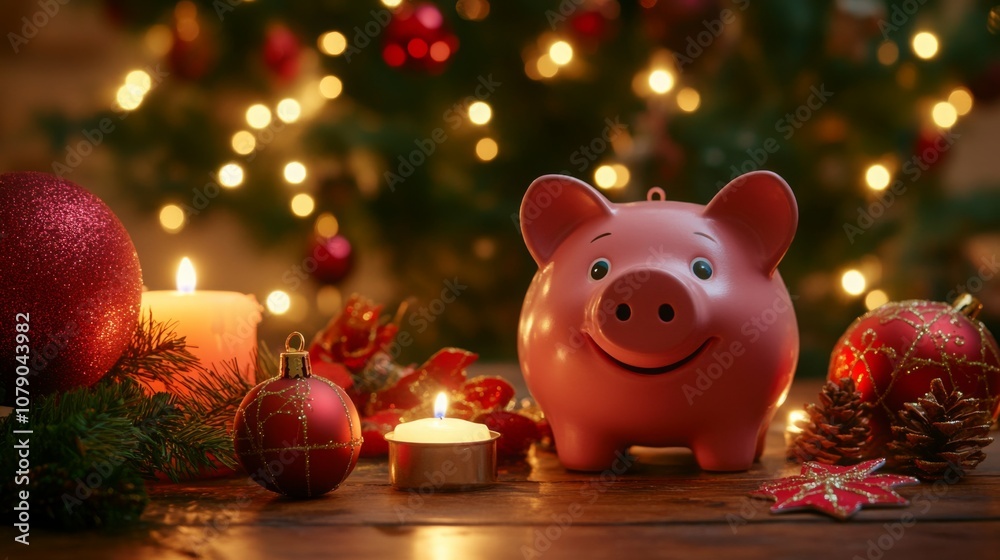 Poster a festive arrangement showcases a smiling piggy bank among sparkling ornaments and flickering candle