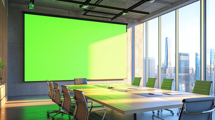 huge projector green screen office work station meeting room chroma key monitor filming location indoor modern scene mockup composition sunlight sun rays from windows