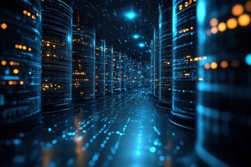 A futuristic data center with glowing servers and digital data streams at night
