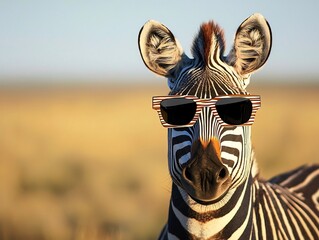 Naklejka premium Playful Zebra in Funky Striped Sunglasses Standing in the Savannah with Copy Space