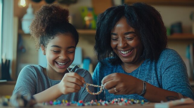 Happy Mother Daughter Making Colorful Bead Bracelets