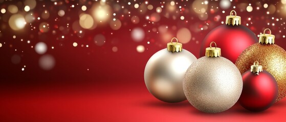 A red background with a bunch of gold and silver Christmas ornaments