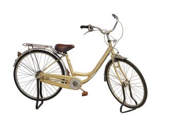 side view old yellow and brown and white bicycle on white background, transportation, object, decor, fashion, copy space