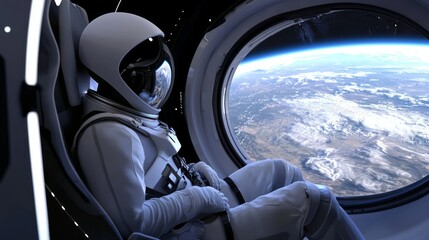 Tranquil Space Exploration - 3D Astronaut Gazing at Earth View with Serene Lighting, Ultra-Detailed Digital Artwork