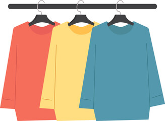Сolorful sweaters hanging on a hanger. Vector illustration with transparent background.