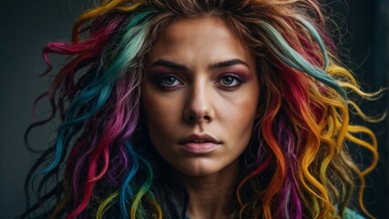 Ritratto di donna con capelli arcobaleno e sguardo intenso
