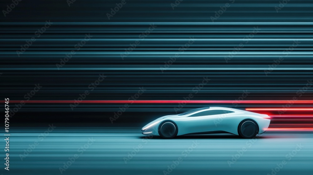 Poster futuristic white car speeding through a dynamic urban landscape, showcasing motion blur effect with 