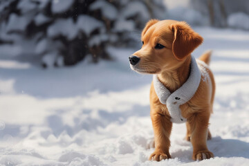 Little ginger color fur puppy with coat standing outdoors on snow in the winter.