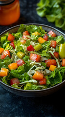 Fresh salad with red and yellow peppers and lettuce in a bowl.