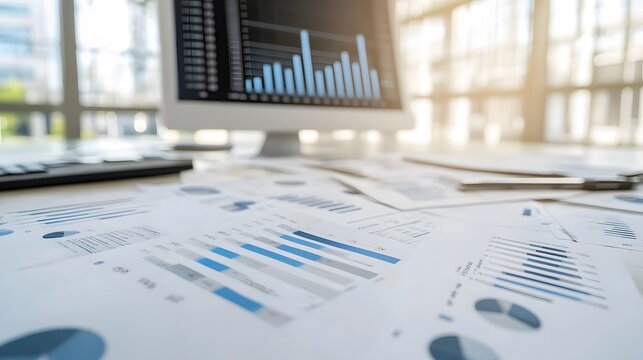 Close-up View of Data Analysis: Scattered Charts and Graphs on a Desk, Providing Insights into Business Performance and Trends.