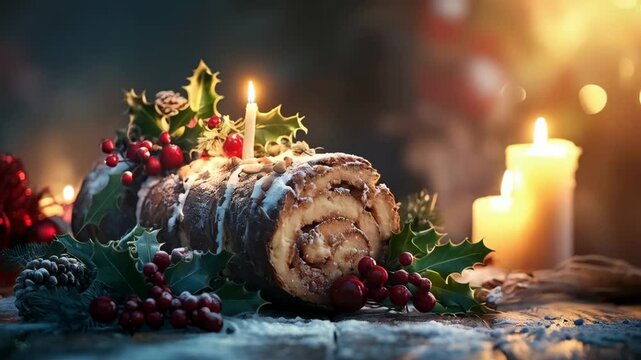 Chocolate Yule log with decorated with chocolate frosting on rustic wooden background. Traditional Christmas swiss roll cake Buche de Noel. Sponge cake with chocolate cream for pagan New Year
