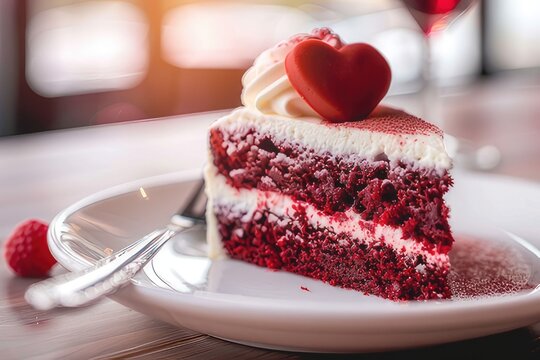 A slice of red velvet cake with a heart on top, with a fork
