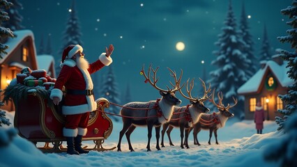 Santa Claus with a big smile and a jolly expression, holding a stack of brightly wrapped presents with red and gold ribbons