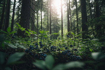 Fototapeta premium Wild blueberries growing low to the ground in a dense forest