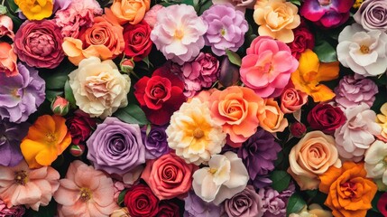 Vibrant Summer Floral Wallpaper with Lilac Roses and Many-Coloured Flowers