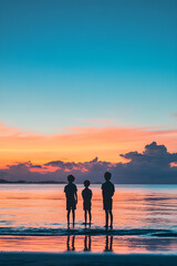 Fototapeta premium Silhouette of Family by the Sea at Sunset, Peaceful and Serene Moment