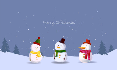 Merry Christmas and happy new year greeting card with sowman cute cartoon character for holiday vector illustration background. Design for cards, poster, cover and decoration.