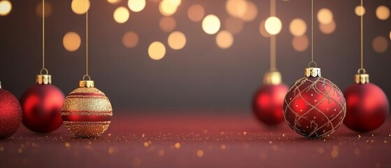 A red and gold Christmas ornament is hanging from a string