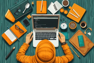 Muslim student engages in online learning amidst a vibrant study environment filled with tools and resources