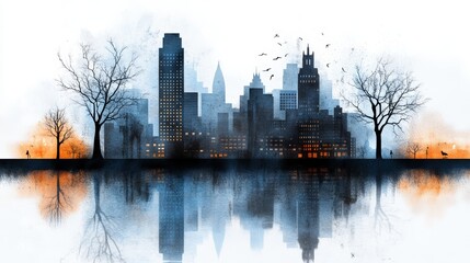 Fototapeta premium Urban Skyline Reflection Cityscape Trees Water Sunset Birds Winter Abstract Art