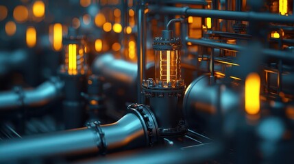 Fototapeta premium Nighttime view of octane refinery with safety lights on, octane processing, 247 energy production