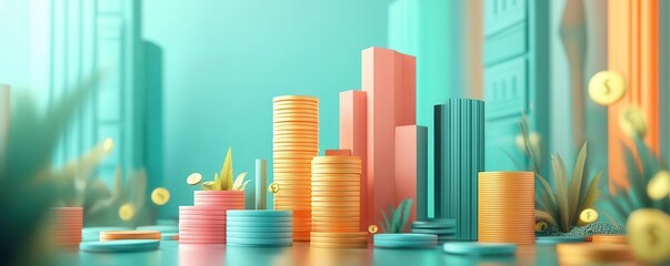 A vibrant, stylized scene depicting stacks of coins and financial buildings, illustrating themes of wealth and investment.