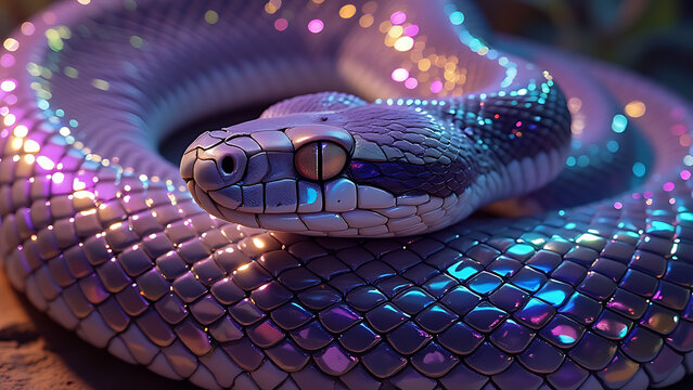 A snake with a purple head and green body