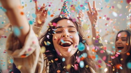 Obraz premium Joyful celebration with confetti and party hats, capturing the essence of happiness and festive moments.