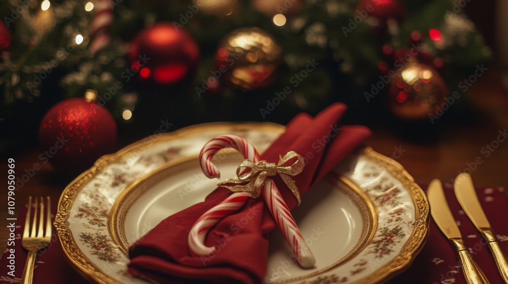 Poster a beautifully arranged dining table features a red napkin tied with a ribbon and candy canes next to