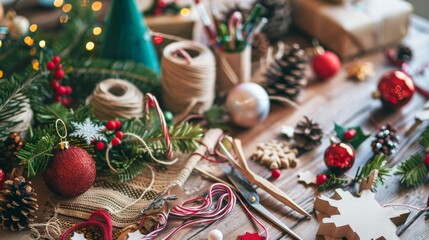 Festive holiday decorations and craft supplies scattered on a wooden table, perfect for Christmas preparations.