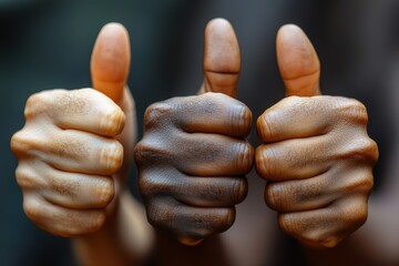 Three hands are raised in the air, thumbs up