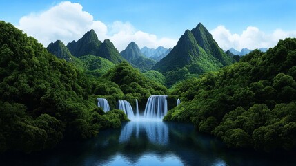 Fototapeta premium Serene Waterfall in Lush Green Mountains Tropical Paradise
