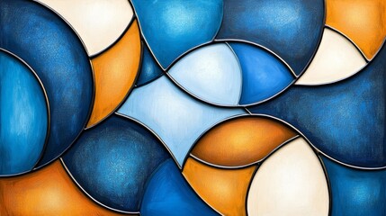 Abstract Blue Orange White Curved Shapes Painting Artwork