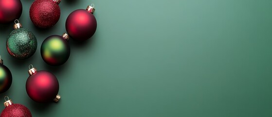 A green background with a bunch of red and green Christmas ornaments