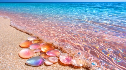 Pink Sand Beach Ocean Wave Iridescent Stones Summer Serenity