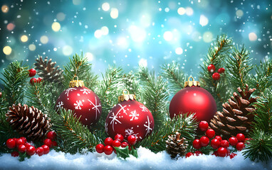 Christmas Tree with Red and Gold Baubles, Bright Holiday Lights in Background

