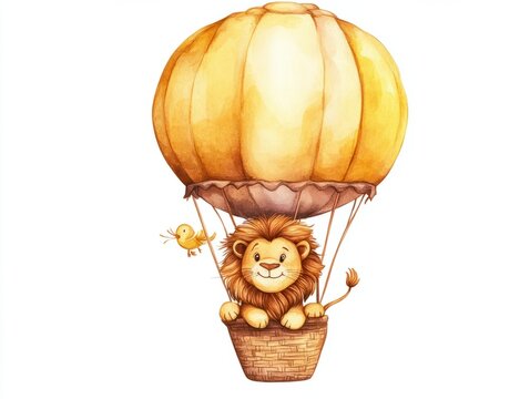 recommend clip art: Cute watercolor cartoon lion flying on a hot air balloon, clipart illustration with isolated white background.