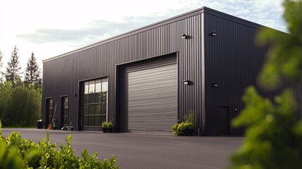 Obraz premium A modern black industrial building with large windows and a roll-up door, surrounded by greenery, showcasing contemporary architectural design.