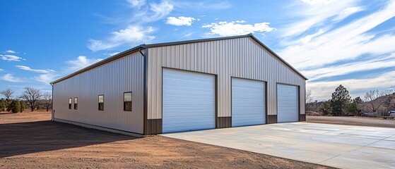 A modern metal building with multiple garage doors set against a clear blue sky. Ideal for industrial or storage purposes, showcasing contemporary design.
