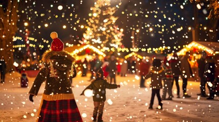 Obraz premium A festive winter scene filled with snow, lights, and families enjoying a holiday atmosphere at a Christmas market.