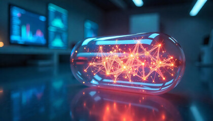 A glowing, liquid-filled capsule with swirling nanobots inside, set in a high-tech research lab with digital displays