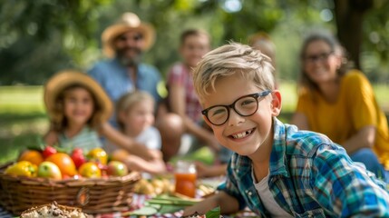A cheerful child enjoying a picnic with family in a sunny park, surrounded by fresh fruits and greenery.
