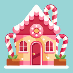 Christmas Gingerbread House Illustration with Candy Cane Decorations.